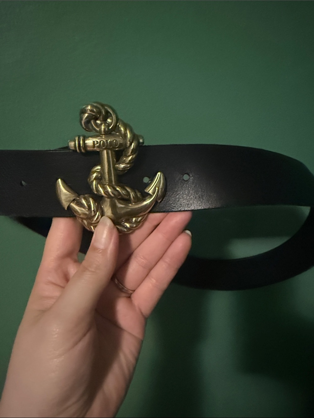 Polo by Ralph Lauren Black Leather Belt with Gold Anchor Buckle - Picture 4 of 5